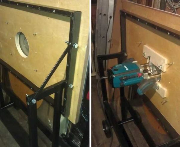 Fraiseuse maison - un plan horizontal avec un trou au milieu, auquel un routeur manuel est attaché par le bas