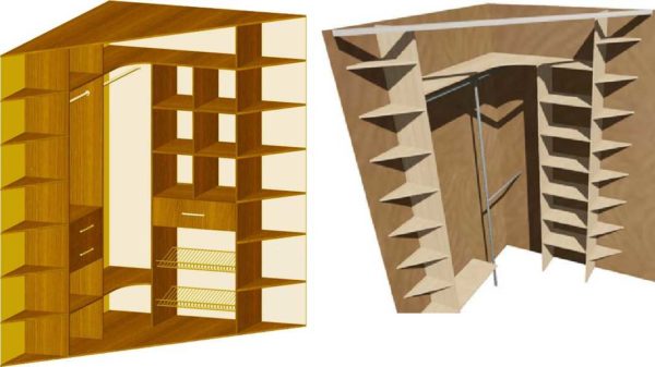 Les étagères sont faites sur les côtés dans une armoire d'angle en diagonale