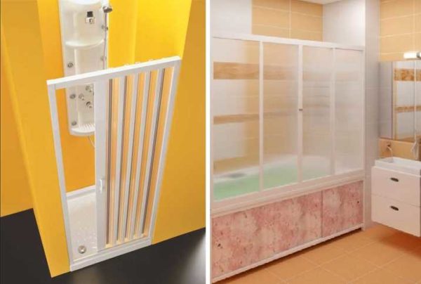 Rideaux de bain coulissants en plastique - accordéon (à gauche) et cadre (à droite)