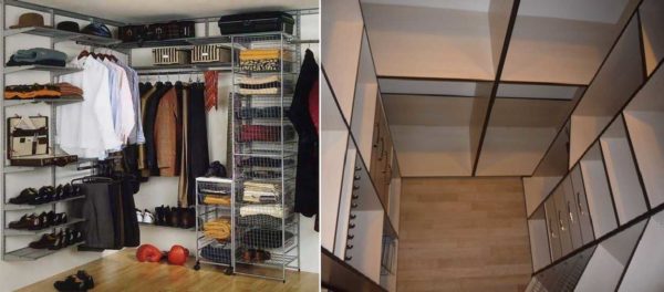 Vestiaire dans le placard: boîtes métalliques et étagères ou morceaux de panneaux de particules