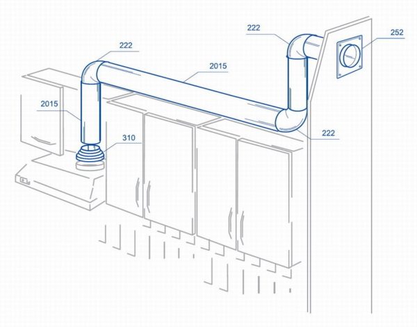Un exemple d'utilisation de conduits en plastique pour connecter une hotte de cuisine