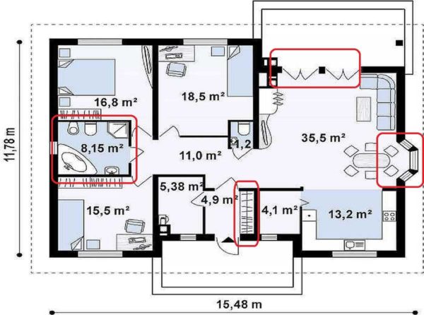 Maison de plain-pied avec trois chambres, baie vitrée et terrasse