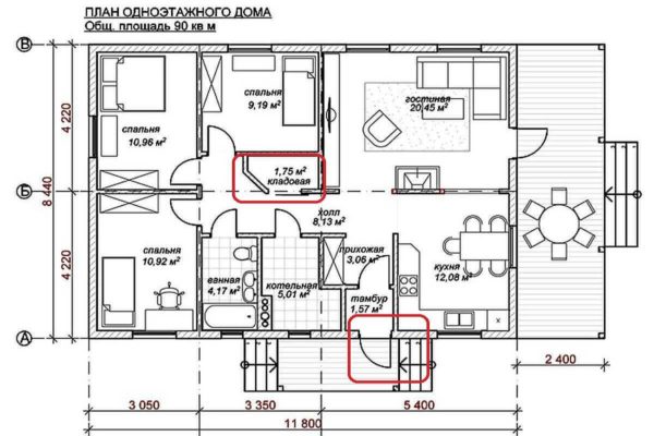 Projet d'une maison de plain-pied avec trois chambres et une terrasse (90 m2)