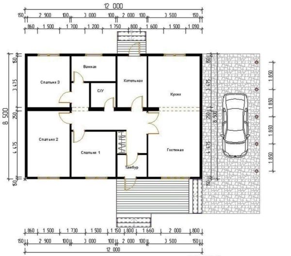 Projet de maison de 1 étage avec trois chambres et un abri d'auto