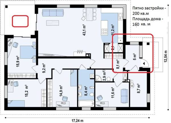 Maison de plain-pied d'une superficie de 160 m². m, avec trois chambres et un bureau, une chaufferie et une petite véranda d'angle