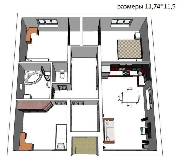 Projet d'une maison carrée de plain-pied avec trois chambres