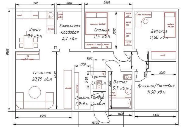 Un exemple d'aménagement d'une maison de plain-pied avec trois chambres sur 110 mètres carrés