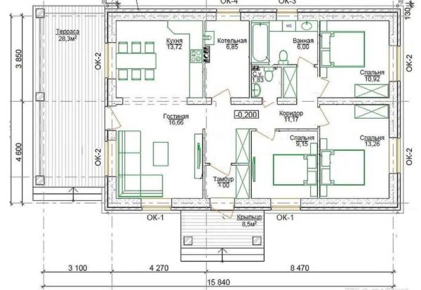 Projet d'une maison de plain-pied avec 3 chambres et une terrasse