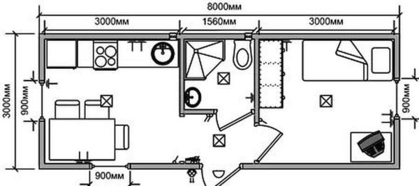 Maison de campagne de deux pièces avec toilettes et douche 3 * 8 mètres. L'aménagement est un gilet traditionnel. Il est difficile de le réchauffer