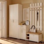 Un ensemble traditionnel dans le couloir contient une petite armoire, une armoire avec un miroir et un cintre