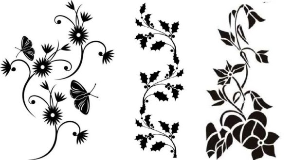 Pochoirs linéaires ou en bordure, compositions étendues vers le haut - tous basés sur des motifs végétaux
