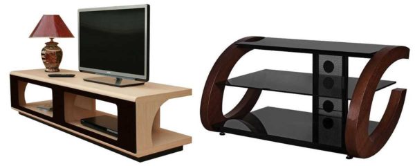 Les supports de télévision sont fabriqués à partir de matériaux traditionnels: bois, panneaux de particules stratifiés, MDF, verre et plastique