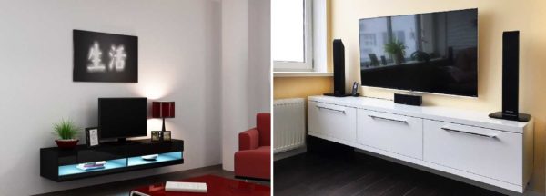 Meuble TV sans pieds. Pertinent pour les intérieurs laconiques modernes