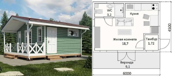 Projet de maison de campagne 6 * 4 avec une véranda et une salle de bain