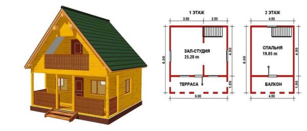Maison de campagne 6 * 6 avec une véranda et un grenier