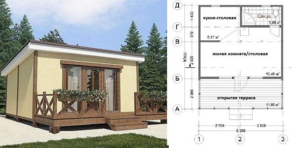 Projet d'une maison de campagne avec une salle de bain et une terrasse ouverte sous un toit en pente