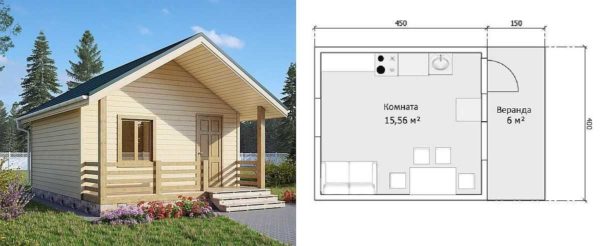 Projet d'une petite maison de campagne avec une véranda sous un toit commun