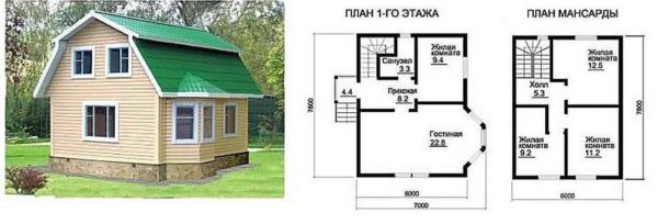 Projet de maison pour datcha 7 * 7 avec un grenier sous un toit cassé et une baie vitrée