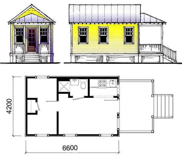 Aménagement d'une maison de campagne 6 * 4 avec une cuisine, un WC, une véranda d'été et une entrée d'hiver avec un vestibule