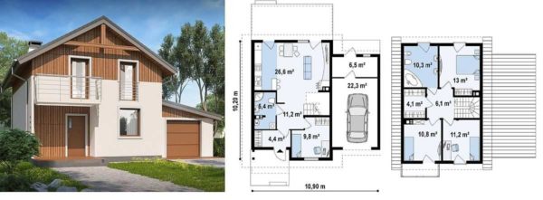 Projet d'une maison de campagne de deux étages avec un garage attenant sur le côté