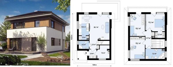 Projet de chalet avec un balcon le long du périmètre du deuxième étage
