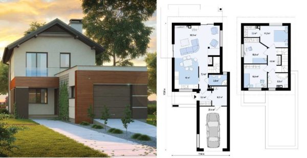 Le projet d'une petite maison de deux étages pour une résidence d'été avec un garage attenant: surface habitable 100 m². m, garage pour une voiture
