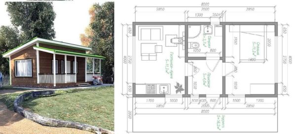 Plan maison de campagne 4 * 8 avec une véranda attenante