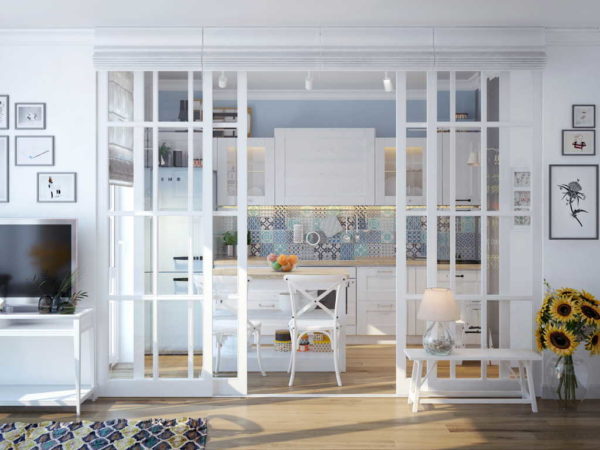 C'est le look des cloisons en verre françaises classiques dans un appartement.