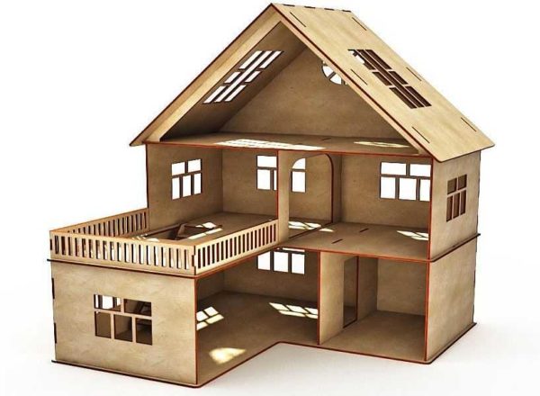 Maison de poupée à deux étages avec un garage et une piste au-dessus