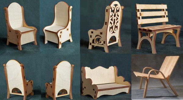 Plusieurs modèles de chaises de poupée en contreplaqué