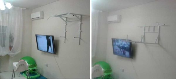 Avant de faire une barre horizontale, décidez de l'endroit où vous allez l'accrocher. Tous les conjoints n'accepteront pas sereinement une telle innovation ... Barre horizontale maison 3 en 1 sur le mur dans deux positions de travail