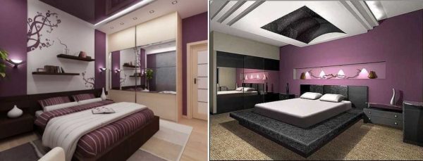 Mur violet d'accent dans la chambre. La réception est une, mais en raison des différentes couleurs d'accompagnement, l'ambiance de l'intérieur est différente