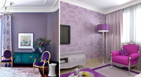 Dans le salon peut être utilisé comme teintes claires principales (pour les murs, les textiles, etc.) pourpres ou pastel