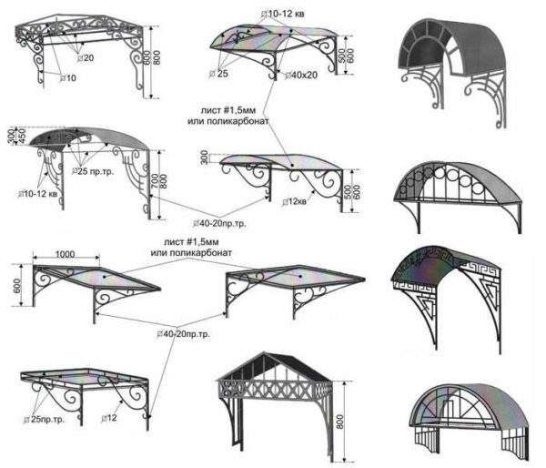 Auvent de porche en tuyaux métalliques et polycarbonate: différents modèles