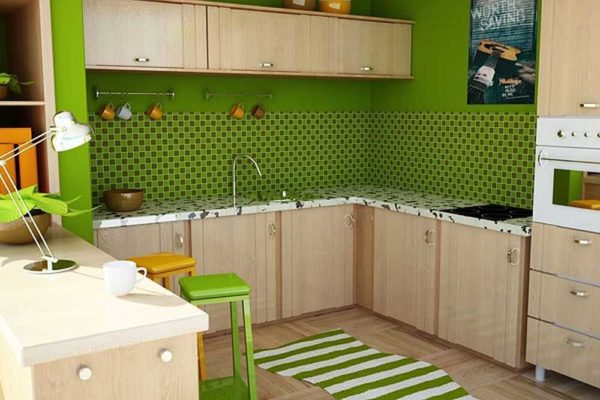  Façade de cuisine marron et mur végétal, accessoires dans une teinte différente