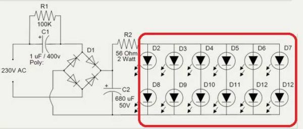 Schéma d'une lampe LED 220 V