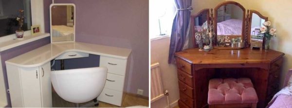 Coiffeuse avec coin éclairé par miroir entre la fenêtre et le lit