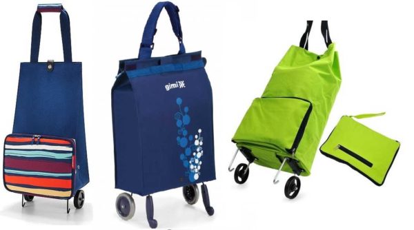 Le sac shopping sans cadre à roulettes est très compact lorsqu'il est enroulé (c'est ce petit paquet vert clair)