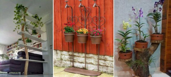 Un tronc d'arbre et des conduites d'eau peuvent également servir de base à un support de sol pour fleurs