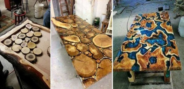 Vous pouvez fabriquer une table à partir de coupes de bois et de résine époxy sous différentes formes