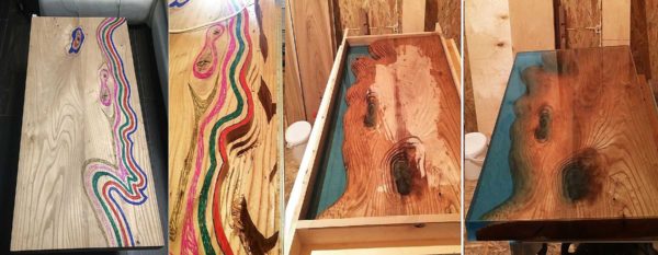 Une telle table en résine époxy de vos propres mains est composée de deux planches d'orme (orme)