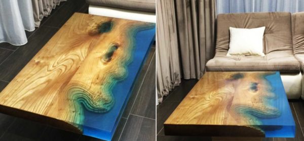 Il a fallu 12 litres d'époxy pour fabriquer cette table basse en époxy et bois