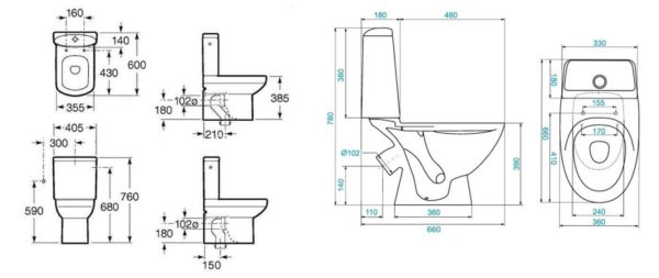 Dimensions des toilettes au sol avec une étagère en fonte solide
