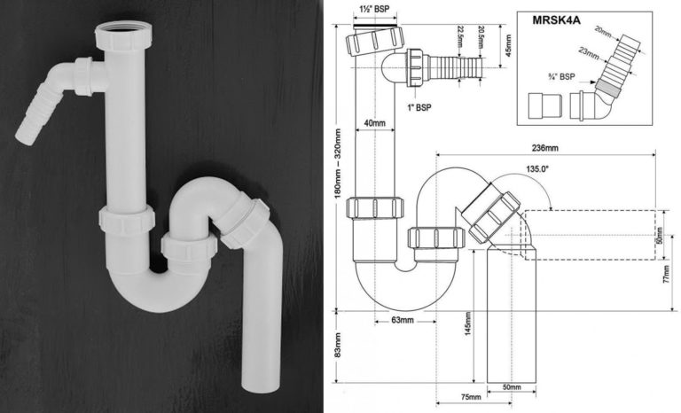 Siphon pour éviers McAlpine (Grande-Bretagne) avec sortie pour appareils électroménagers, 40 mm (MRSK6). Le modèle MRSK4A est équipé d'un coude d'angle